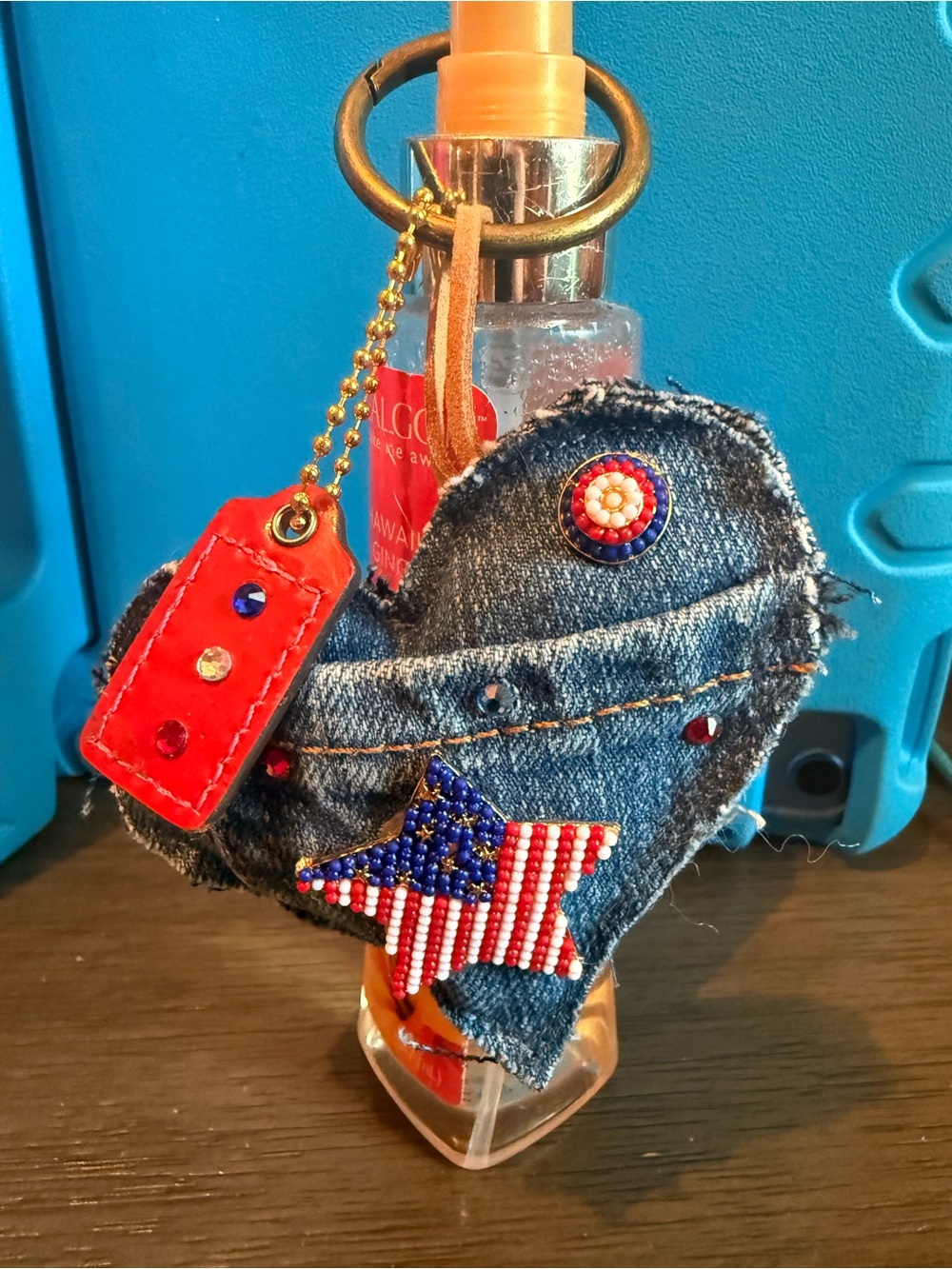 Coach Denim Heart Keychain Charm with Red Tag and Beaded Star